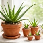 Aloe-Vera-Pflanzen mit Stecklingen und Kindeln auf einem hellen Holztisch zur Vermehrung