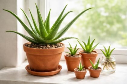 Aloe-Vera-Pflanzen mit Stecklingen und Kindeln auf einem hellen Holztisch zur Vermehrung