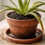 Aloe Vera gießt zu viel Wasser, gelbe Blätter, Staunässe sichtbar im Topf