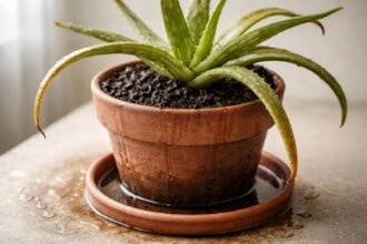 Aloe Vera gießt zu viel Wasser, gelbe Blätter, Staunässe sichtbar im Topf