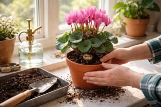 Alpenveilchen umtopfen; Zeitpunkt, Substratwahl, Gießen und Pflege im Überblick für gesunde Blüten