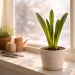Amaryllis mit Knospen auf der Fensterbank, winterliche Lichtstimmung, ruhige Pflege.