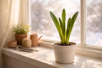 Amaryllis mit Knospen auf der Fensterbank, winterliche Lichtstimmung, ruhige Pflege.
