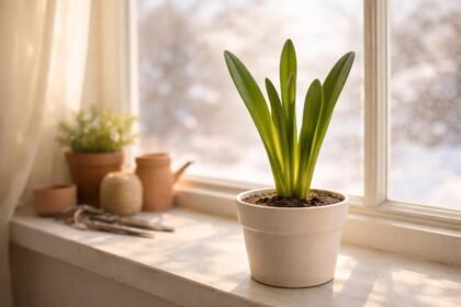 Amaryllis mit Knospen auf der Fensterbank, winterliche Lichtstimmung, ruhige Pflege.