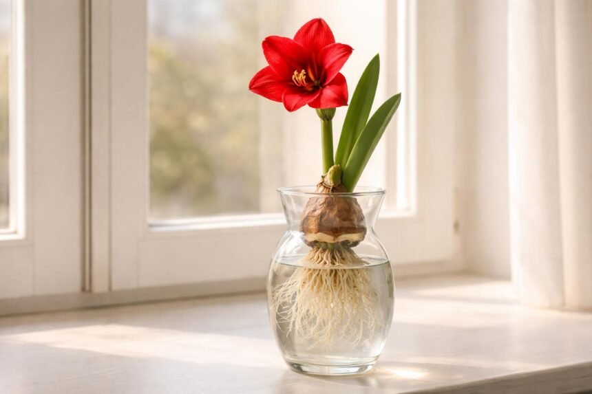 - Amaryllis im Glas: elegante Zwiebel, Blüte, Glasgefäß als Deko-Highlight für Fensterbank