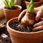 Große Amaryllis-Zwiebel in einem Topf, frisches Substrat, Umtopfen vorbereitend für gesundes Wachstum