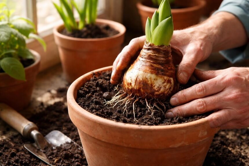 Amaryllis umtopfen: Tipps für gesundes Wachstum Große Amaryllis-Zwiebel in einem Topf, frisches Substrat, Umtopfen vorbereitend für gesundes Wachstum