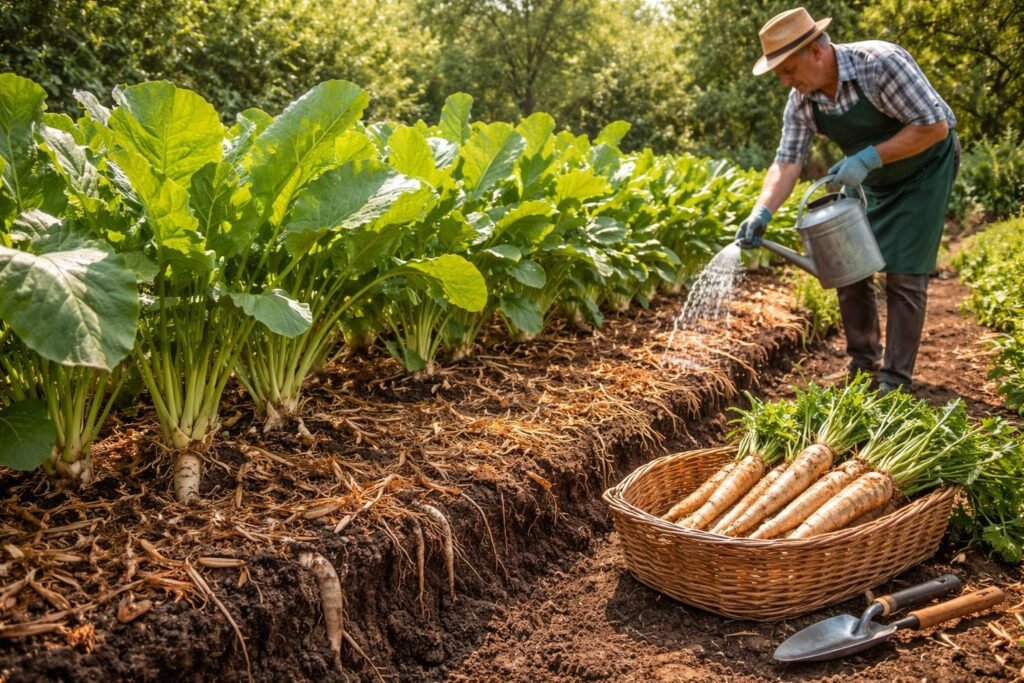 Meerrettich – gesunde Schärfe aus dem Garten - Meerrettich im sonnigen Garten, sandiger Boden, regelmäßige Pflege, Erntezeit im Herbst