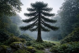 Majestätische Andentanne mit spiralförmig angeordneten Blättern im sonnigen Garten und urtümlicher Silhouette.