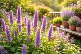 Anis-Duftnessel im Beet mit aufrechten Blütenkerzen, Bienen und Schmetterlingen bei Sonnenlicht