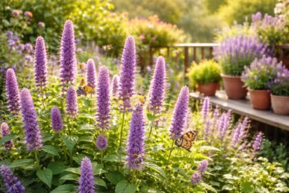 Anis-Duftnessel im Beet mit aufrechten Blütenkerzen, Bienen und Schmetterlingen bei Sonnenlicht