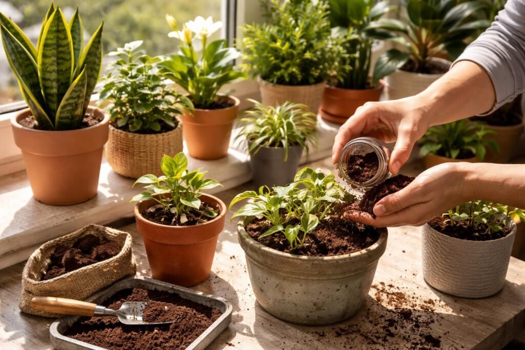 Kaffeesatz als Dünger wird sparsam auf die Blumenerde von Zimmerpflanzen gestreut