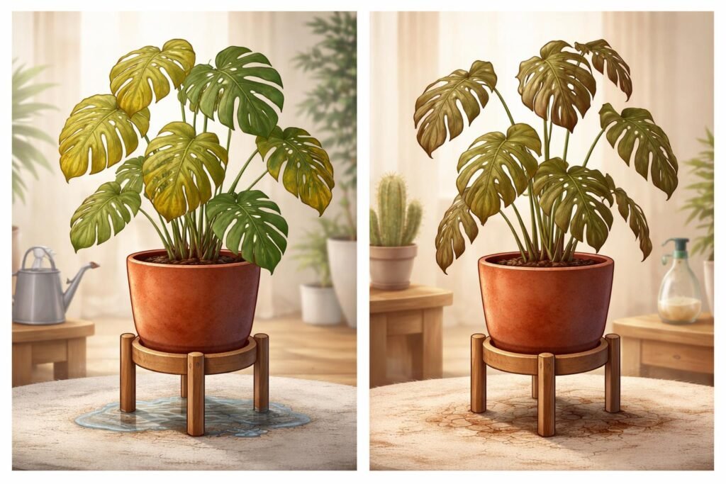 Monstera-Blätter zeigen Anzeichen von zu viel oder zu wenig Wasser beim Gießen