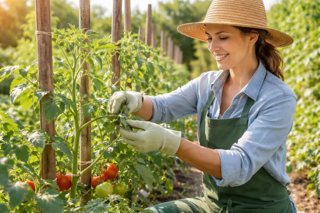 Tomatenpflanzen werden durch Ausgeizen, Stützen und Auslichten gepflegt, damit starke Früchte wachsen.