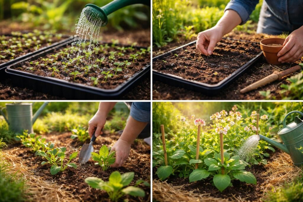 Ziertabak Nicotiana sanderae in Beeten, Blüten, Samen und Pflegehinweise im Garten