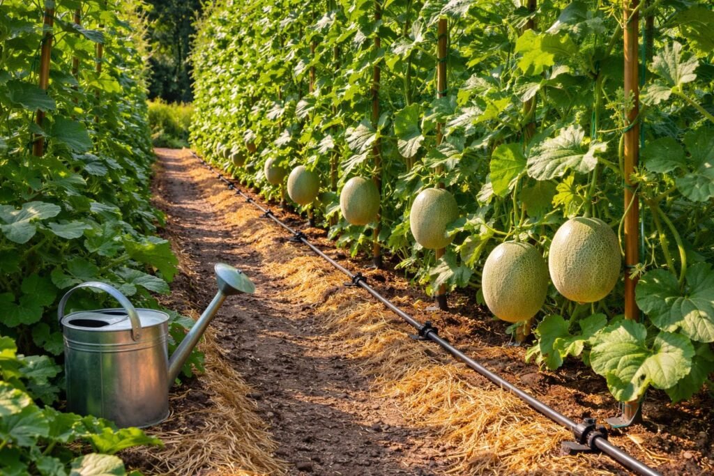 Melonenpflanzen gedeihen im sonnigen Garten durch Aussaat, Pflege und Bewässerung für reiche Ernte.