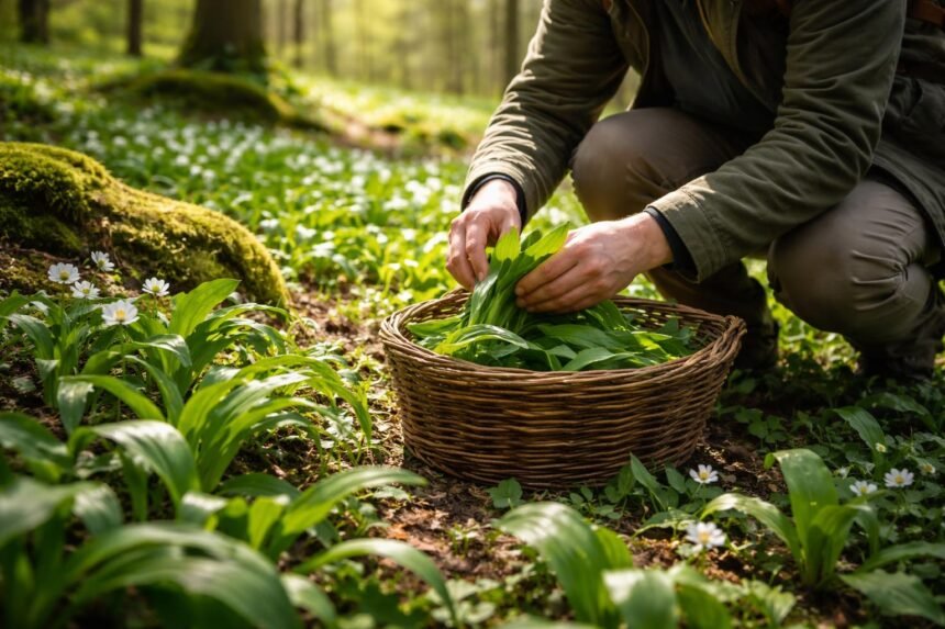 Frühling im Wald, Nahaufnahme von frischem Bärlauch im warmen Licht.