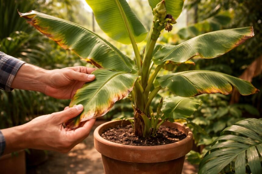 Bananenpflanze: Braune und vertrocknete Blätter - was tun? Bananenpflanze mit braunen Rändern und vertrockneten Blättern im Beet sichtbar