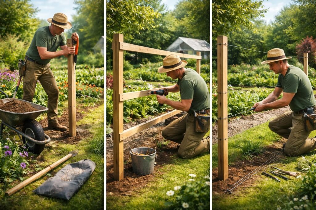 Detailaufnahme eines Obstbaumes mit Spaliergerüst, Seilen und Pfosten im Garten.