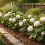 Kleine Baumwollpflanze im Gartentopf mit grünem Blattwerk, Blütenknospen sichtbar, leicht