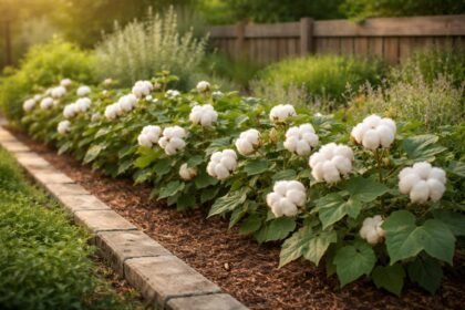 Kleine Baumwollpflanze im Gartentopf mit grünem Blattwerk, Blütenknospen sichtbar, leicht