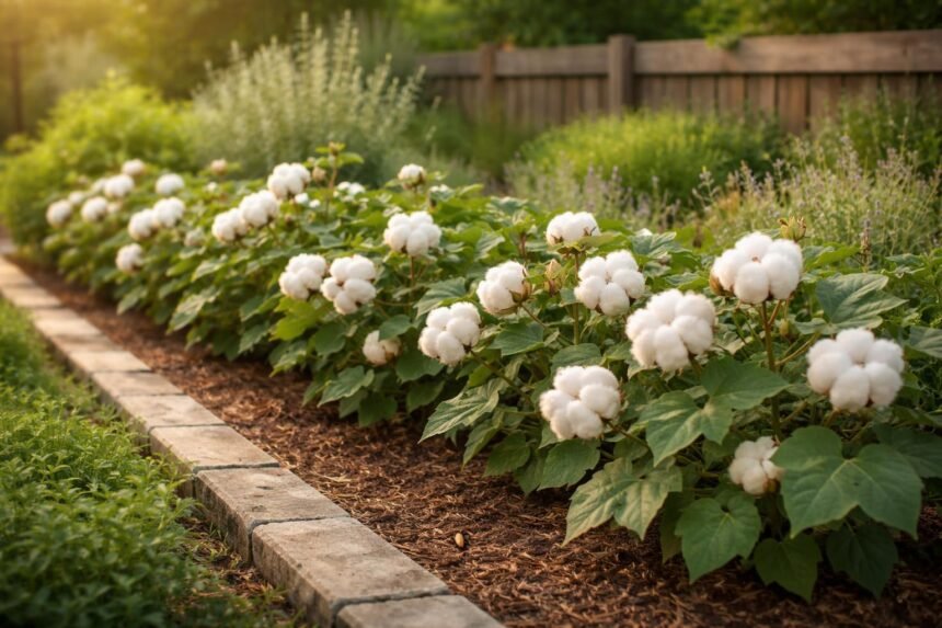 Kleine Baumwollpflanze im Gartentopf mit grünem Blattwerk, Blütenknospen sichtbar, leicht