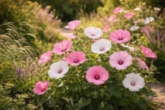 Bechermalve Lavatera trimestris im Beet, sonnig, farbenfroh, pflegeleicht, Beeteinbindung für Beetgestaltungen