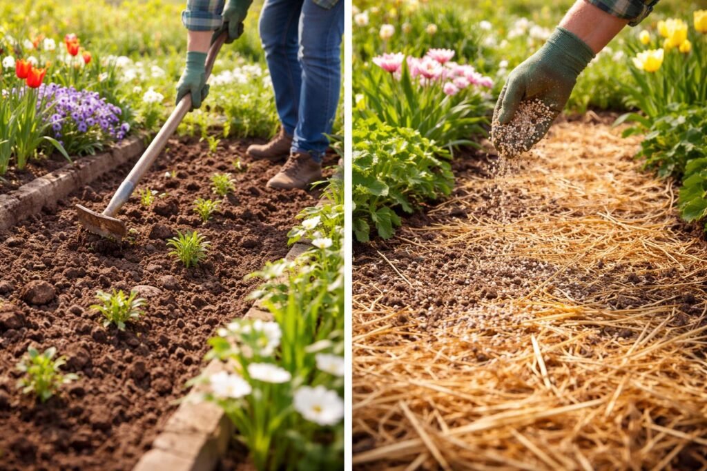 - Beete werden im April vorbereitet: Boden lockern, düngen, mulchen effektiv.