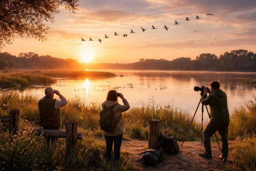 Zugvögel Rückkehr: Wer ist schon zurück? Zugvögel kehren zurück über Küste und Flusslandschaften, beobachtet vom Sonnenaufgang