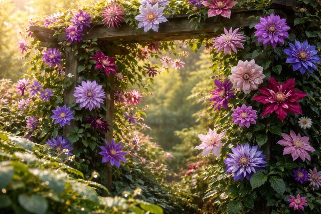 Nahaufnahme einer außergewöhnlich blühenden Clematis mit bunten Blütenformen und auffälligen Staubgefäßen