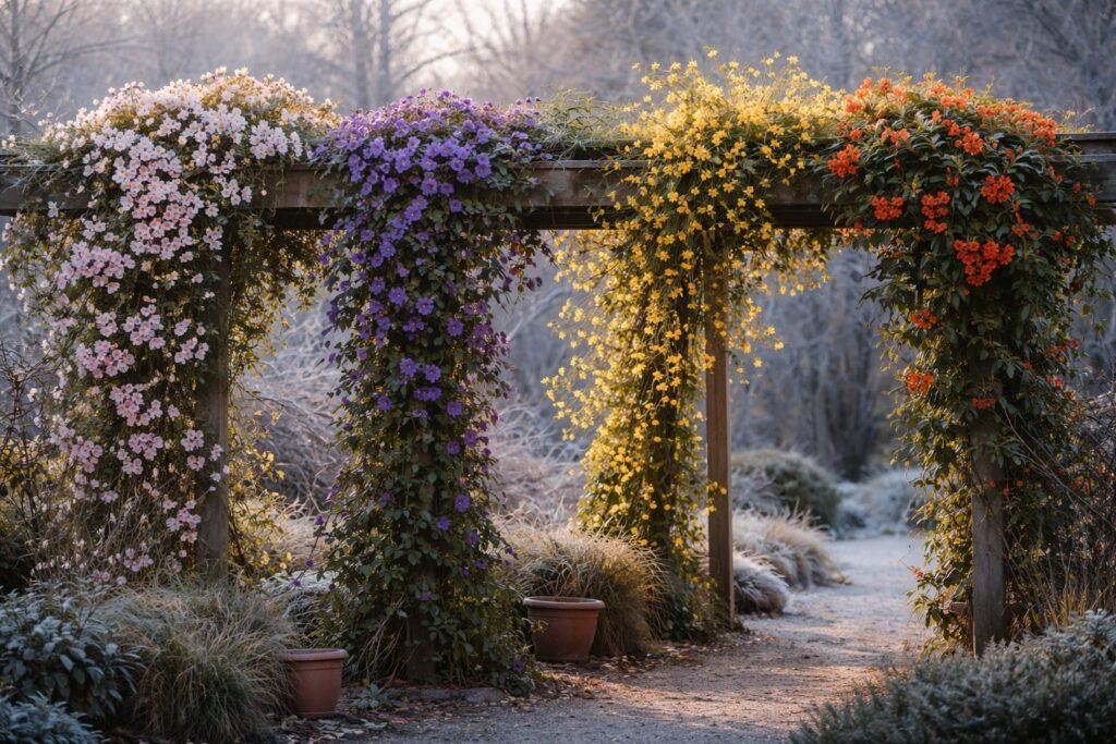 Blühende winterharte Kletterpflanzen im Vergleich zeigen Vielfalt, Farbe und Struktur.