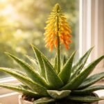 Aloe Vera in Blüte mit langen, dünnen Stängeln und gelben Blüten.