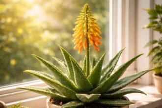 Aloe Vera in Blüte mit langen, dünnen Stängeln und gelben Blüten.