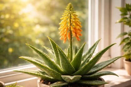 Aloe Vera in Blüte mit langen, dünnen Stängeln und gelben Blüten.