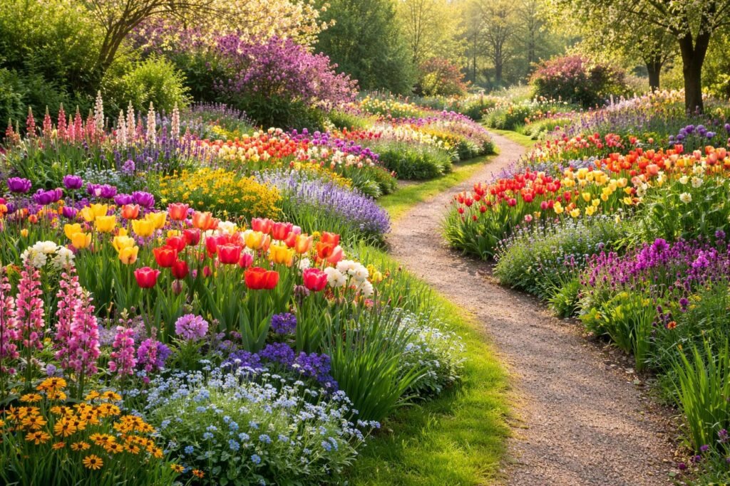 Frühlingshafte Gartenzeit mit Stauden, Zwiebeln, Farbenpracht im April und frische Blüten