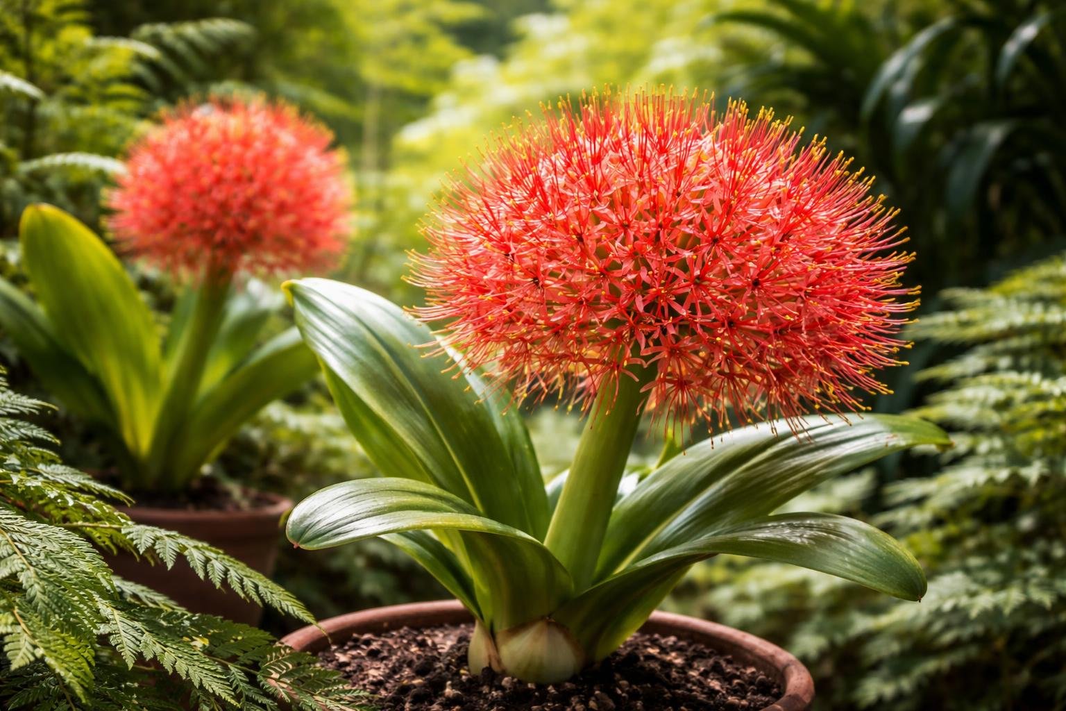 Eine prächtige Blutblume mit leuchtend roten Blüten in einem Garten.