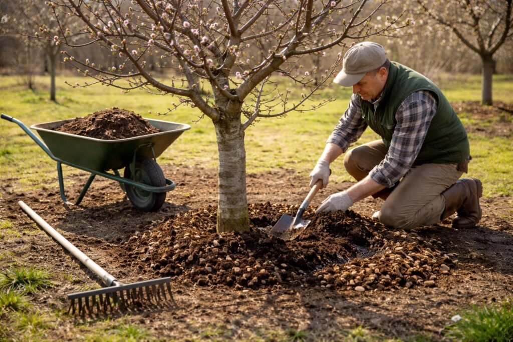 Quittenbaum im Frühling stärken: Schnittmaßnahmen und Bodenvorbereitung Gedeihende Quittenbaum im Frühling, Bodenbearbeitung vor dem Austrieb sichtbar im Vordergrund