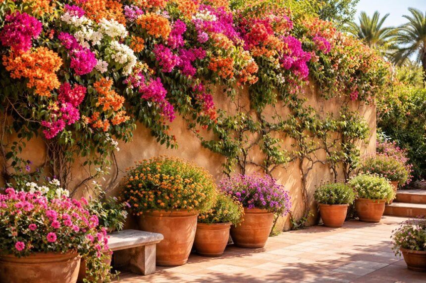 Bougainvillea im Sonnenlicht, leuchtende Hochblätter, mediterranes Flair im Garten und auf Balkonen