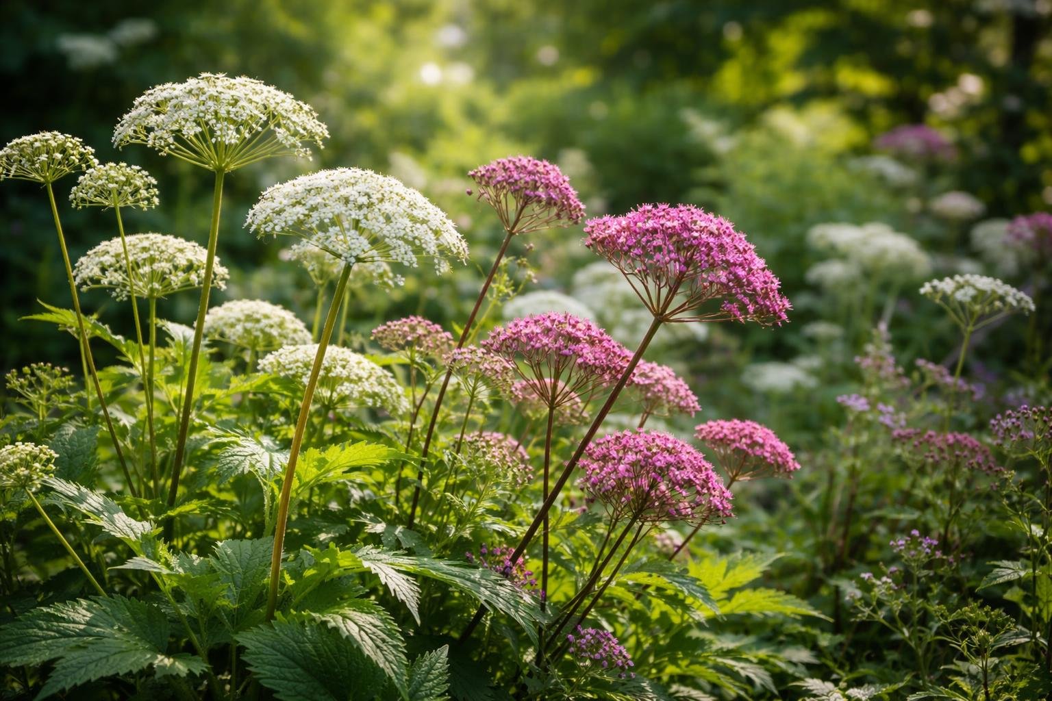 Bunte Blüten des Brandkrauts in einem üppigen Garten, umgeben von grünem Laub.