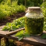Brennnesseljauche im Eimer, aktives Gärtnern, ökologischer Dünger, Lagerung, Bodenpflege, Wirkung für Pflanzen