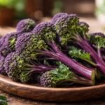 Violette Brokkoli-Sorte mit intensiven Stielen und zarten Blüten, die im Garten auffällt.