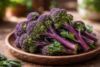 Violette Brokkoli-Sorte mit intensiven Stielen und zarten Blüten, die im Garten auffällt.