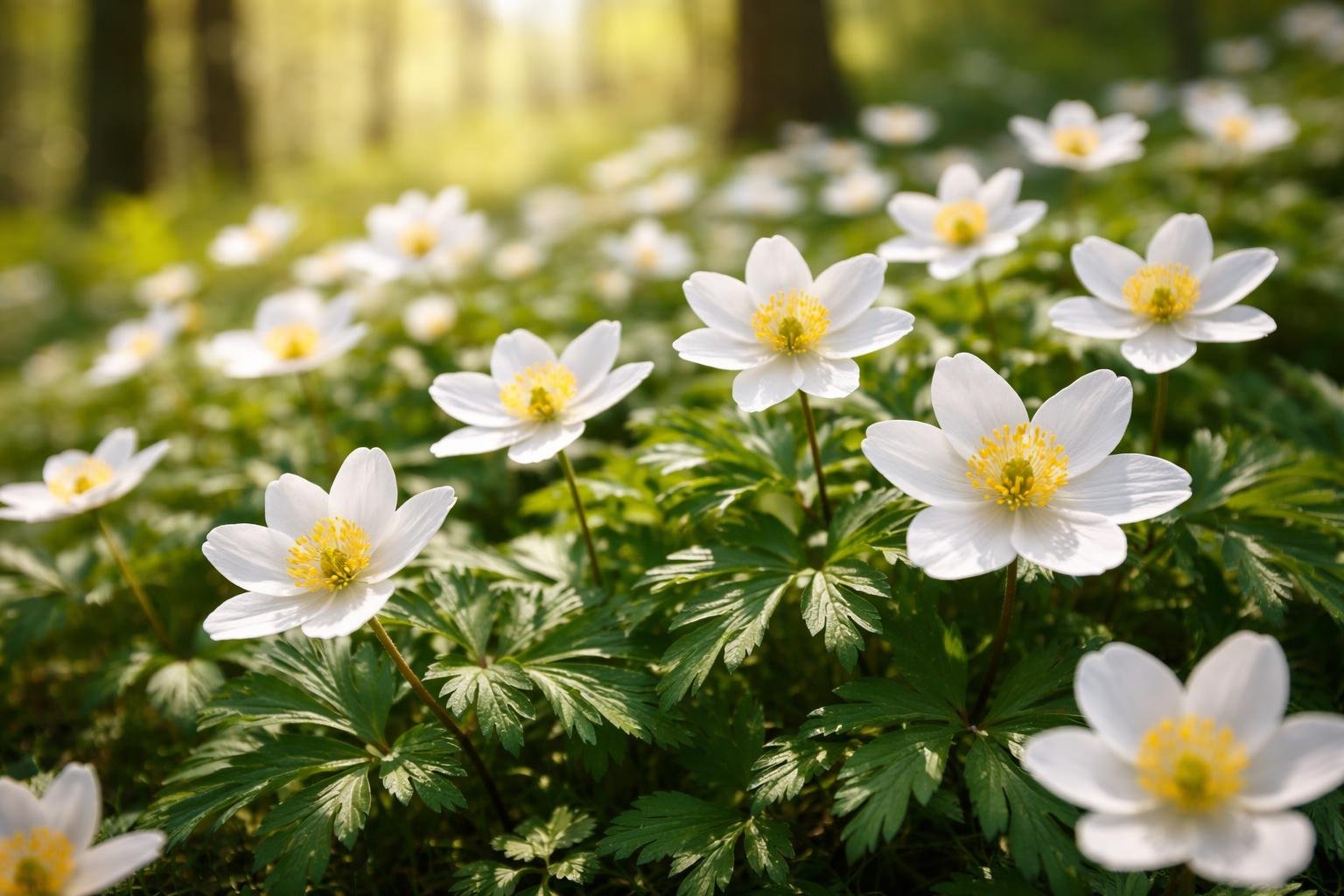 Weiß blühende Buschwindröschen mit gelben Staubgefäßen im Wald.