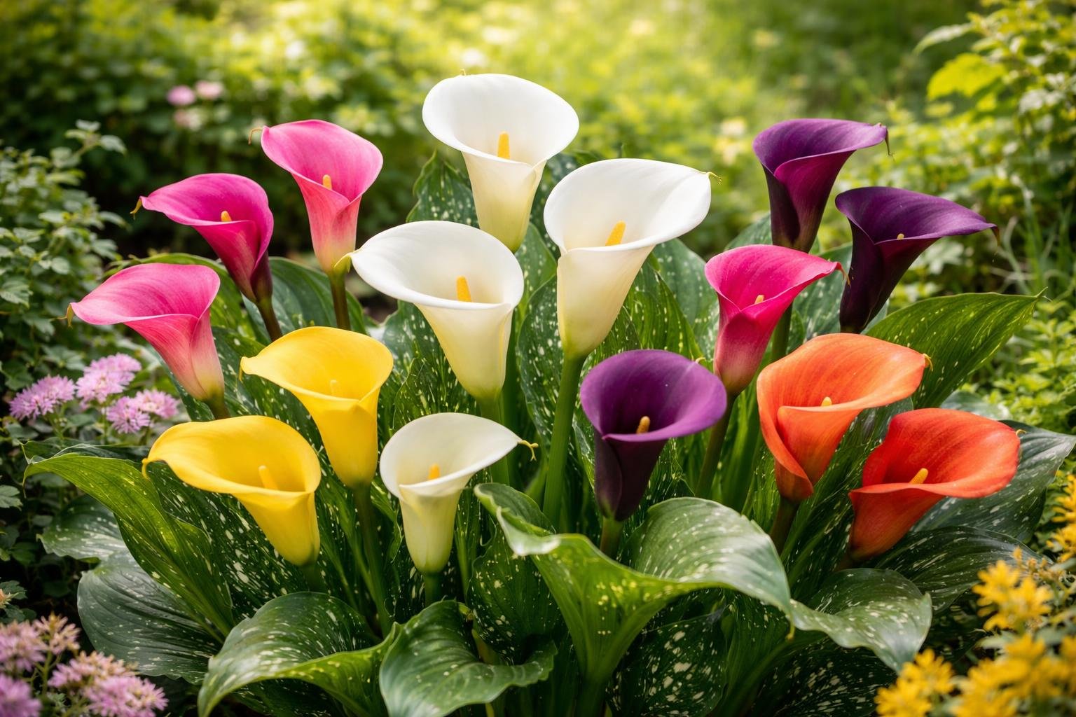Bunte Calla-Blüten in verschiedenen Farben, umgeben von grünem Laub.