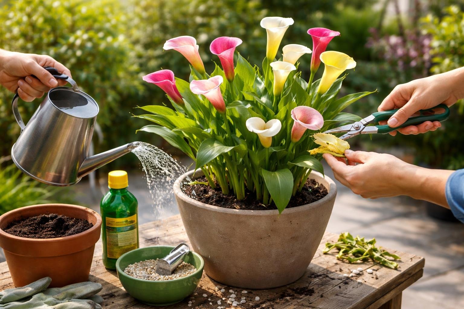 Eine Person gießt eine Calla-Pflanze, während eine andere sie schneidet.