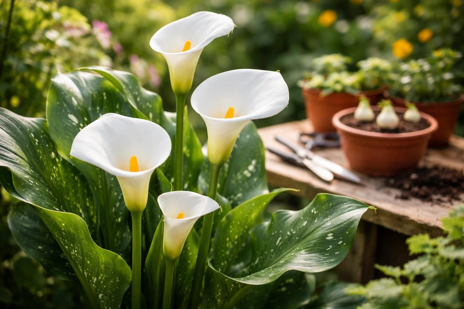 Elegante Calla-Blüten mit weißen Blütenblättern und gelben Staubgefäßen vor grünem Hintergrund.