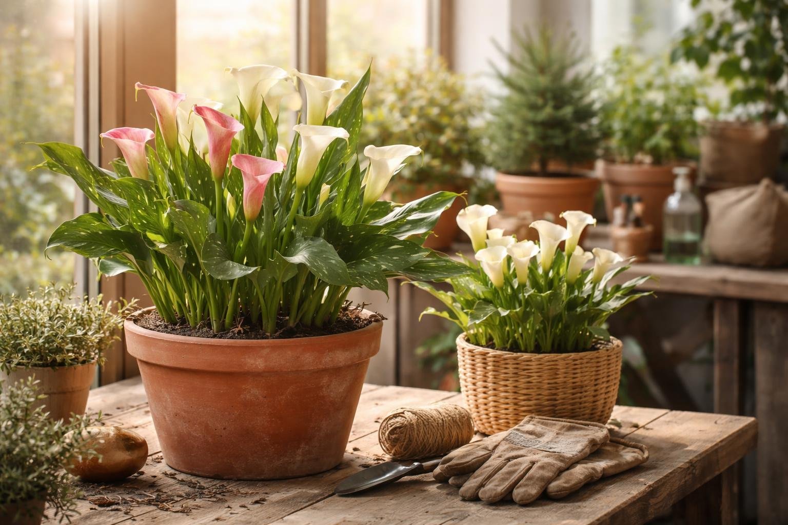 Zwei Töpfe mit Calla-Blumen in einem hellen Gartenraum, umgeben von Pflanzen.