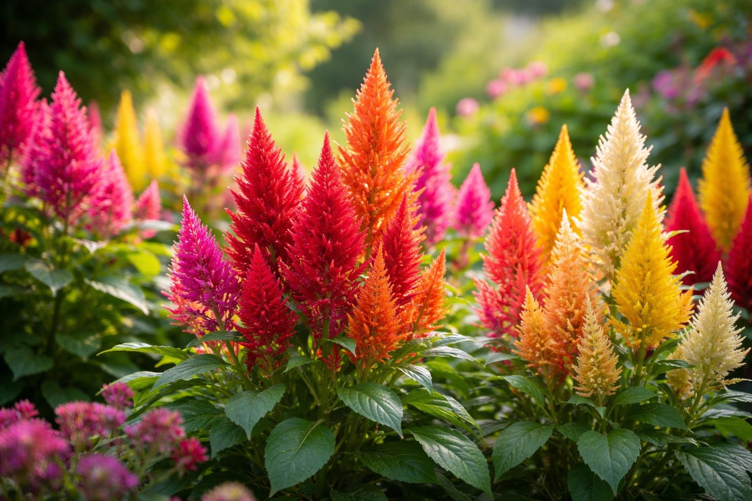 Bunte Celosia-Pflanzen in verschiedenen Farben, die im Garten blühen.