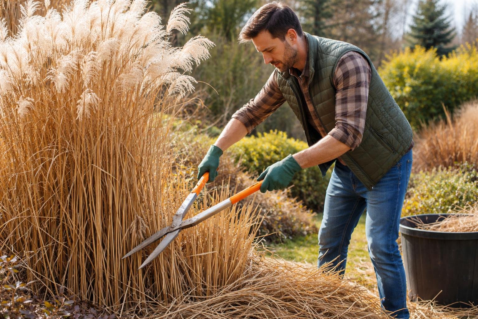 Ein Gärtner schneidet Chinaschilf mit einer großen Schere im Garten.