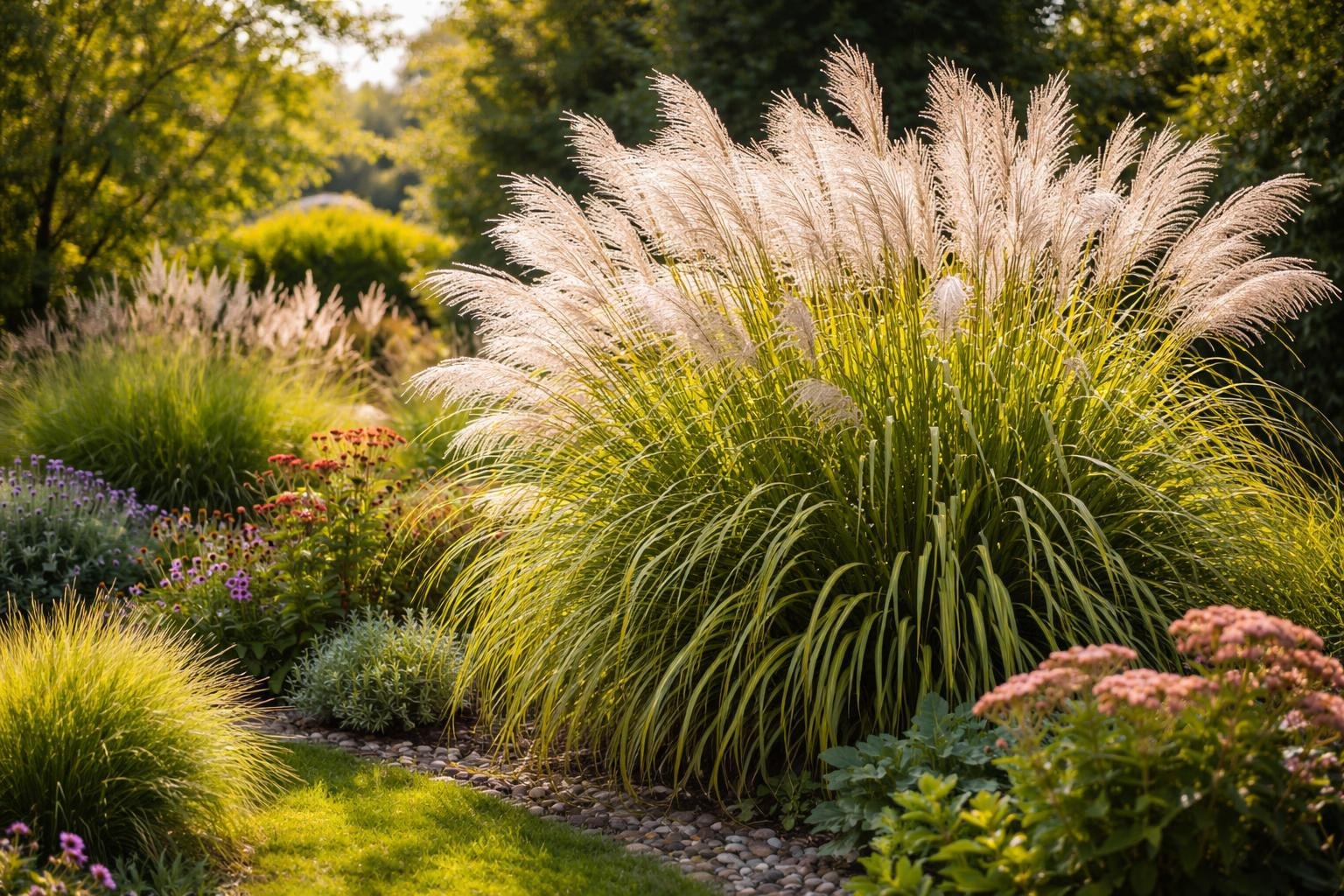 Chinaschilf mit eleganten Blütenständen und grünem Laub in einem Garten.